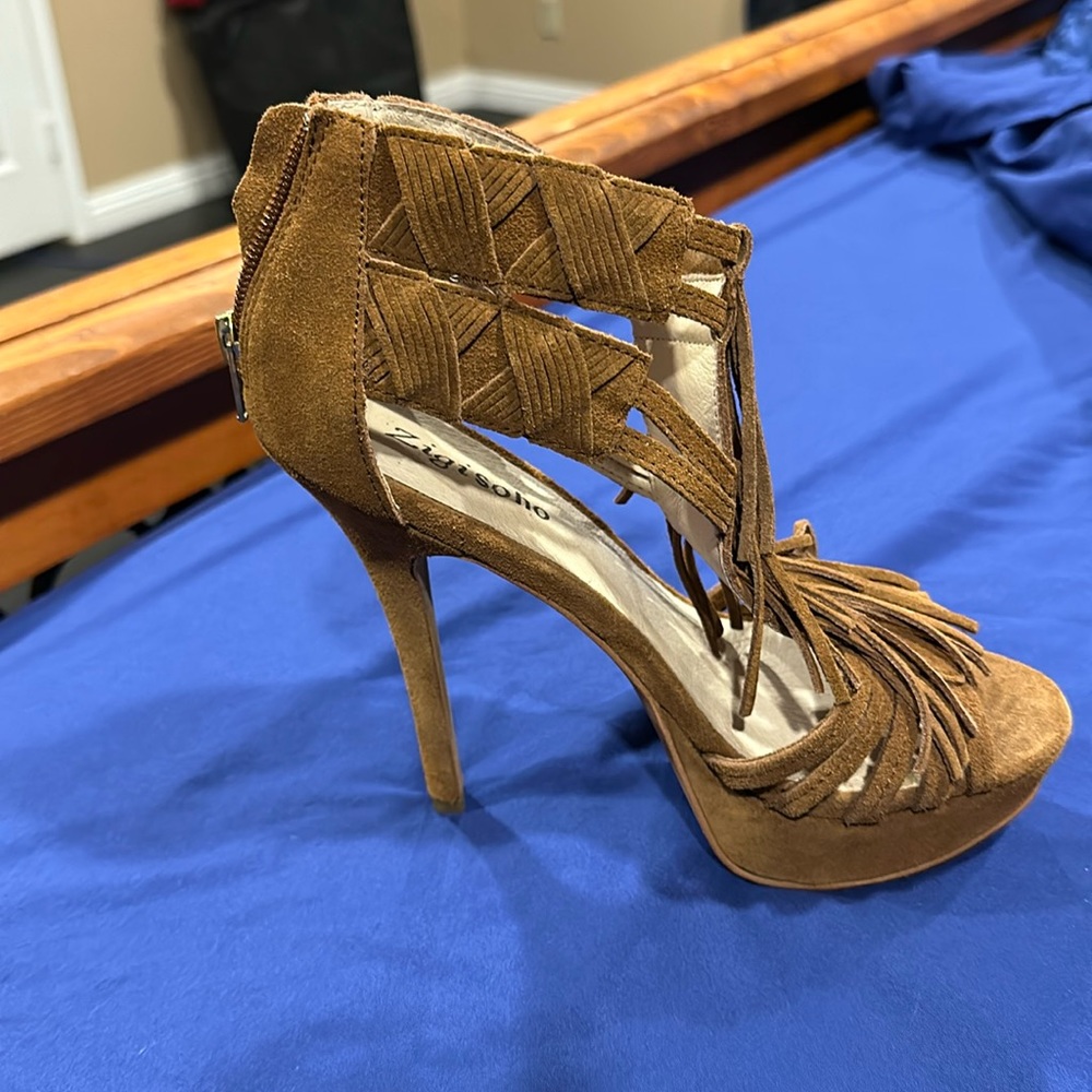 Zigi Soho brown heels with fringe. Worn twice. Great shape